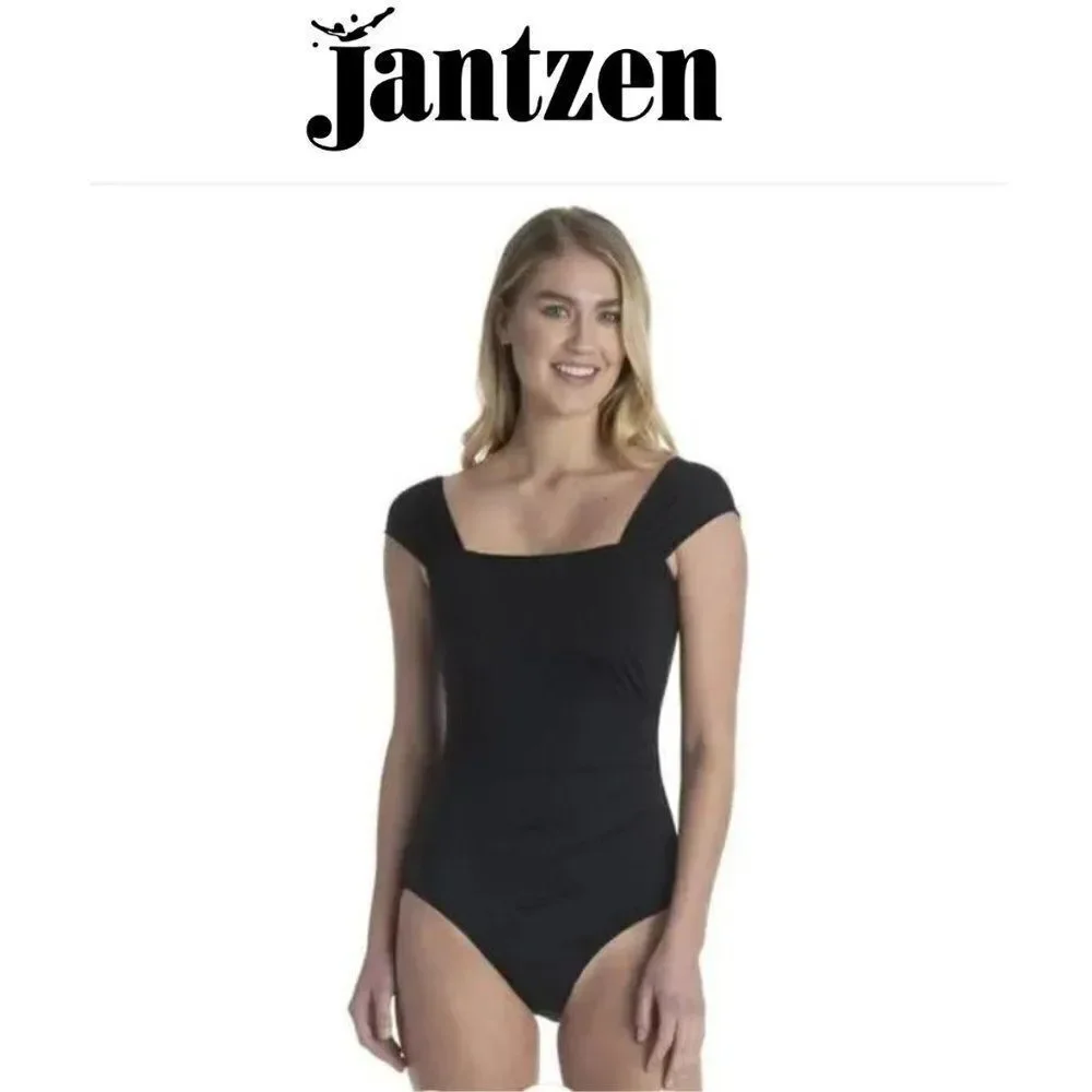 Jantzen Solids Women's Black Glamour Cap Sleeve One Piece Slimming Swimsuit 10